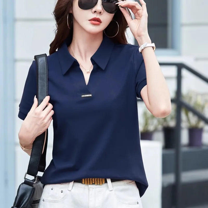 European Station Polo Neck Short sleeved T-shirt Women's Summer New Fashion Light Luxury Loose Large Cotton V-neck Casual Top