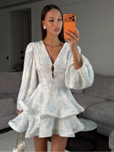 Elegant Floral Printed Mini Dress Women Chic V-neck Full Sleeves Single Breasted Slim A-line Short Dresses 2026 Lady Party Robes