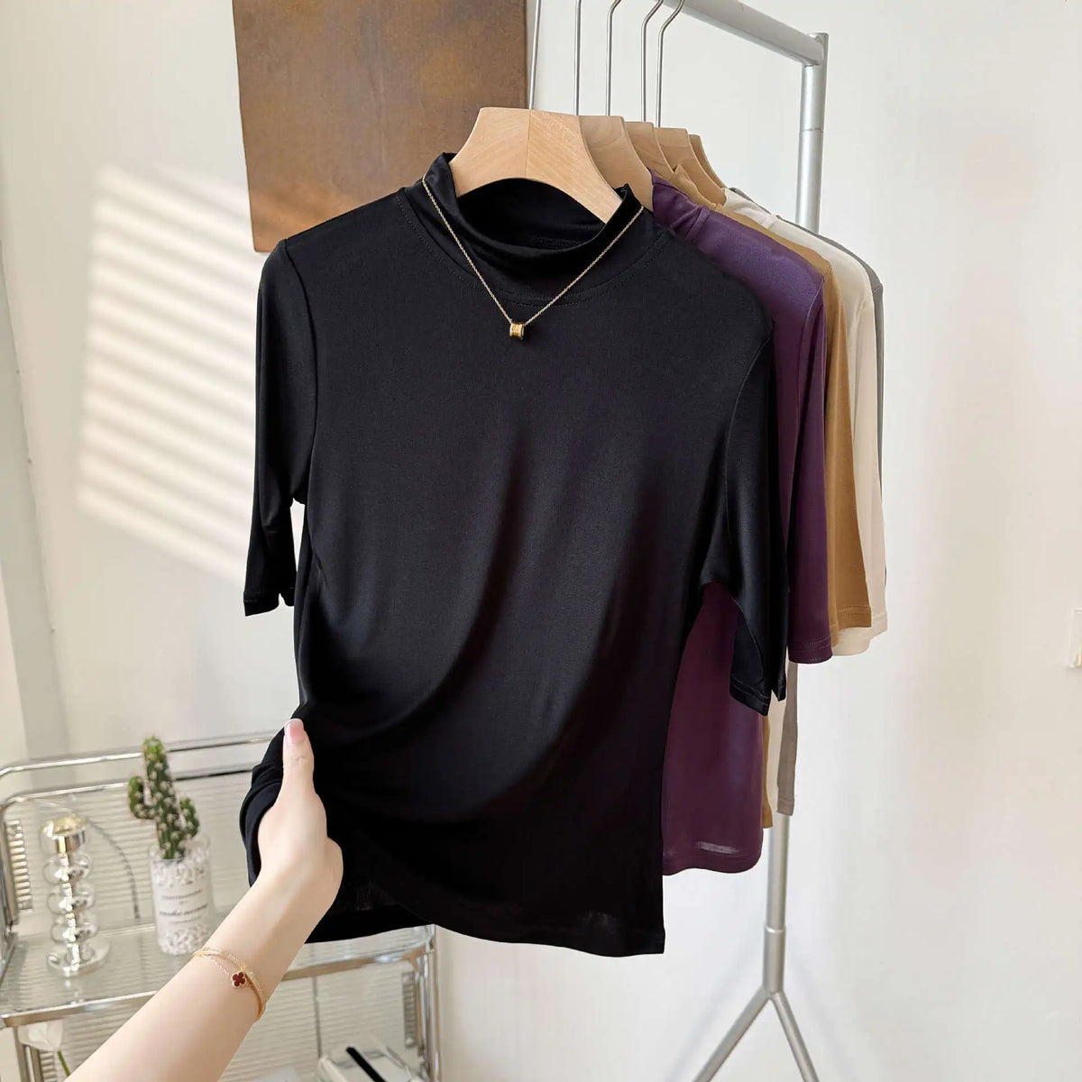 Birdtree 23% Silk T-shirt,Women Half Height O-neck Half Sleeves Solid Color Shirt,2026 Summer Autumn New T57024JF