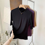 Birdtree 23% Silk T-shirt,Women Half Height O-neck Half Sleeves Solid Color Shirt,2026 Summer Autumn New T57024JF