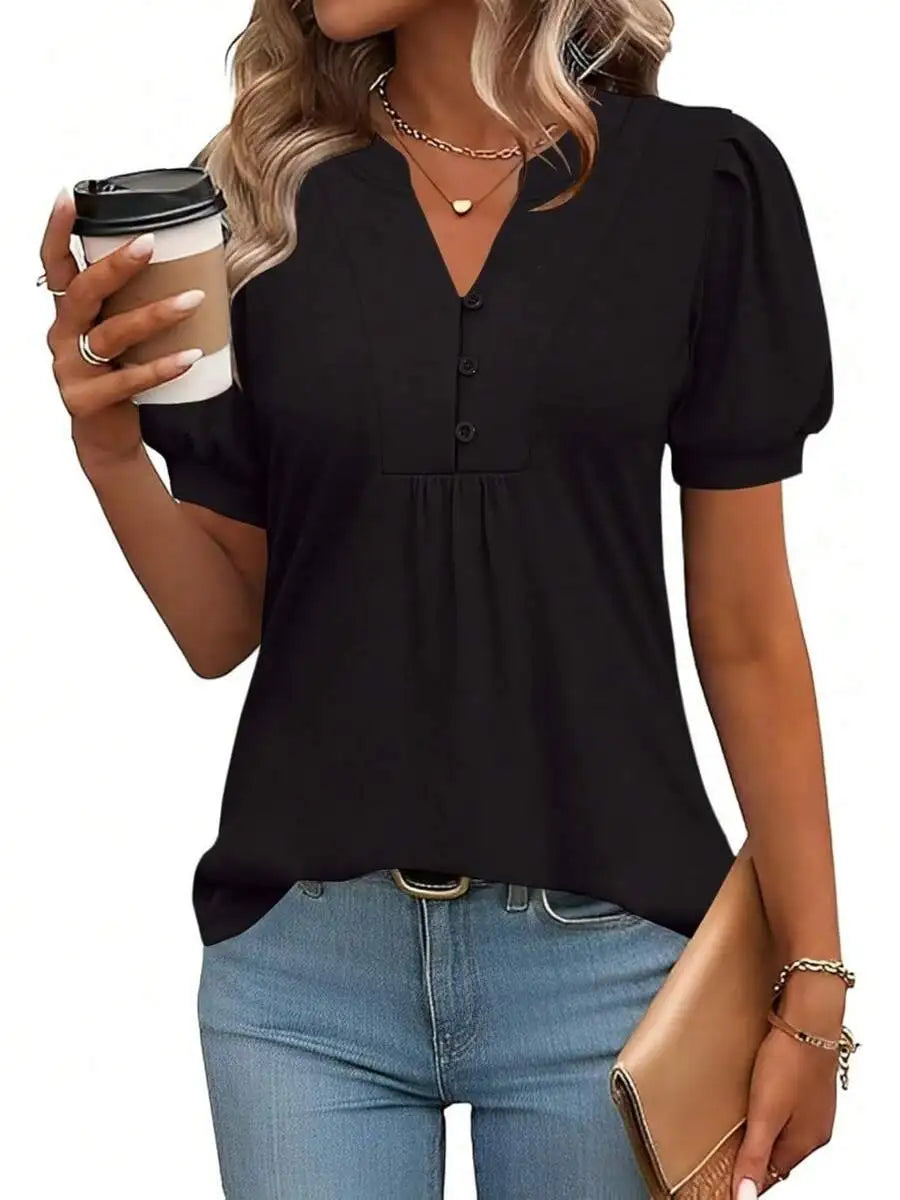 Womens Puff Sleeve V-Neck Button Front Blouse Loose Fit Casual Top