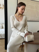 Blubelle Women's New Solid Color Long Sleeve V-neck Slim Bodycon Knitted Maxi Dress Trendy Elegant Fashion Dresses
