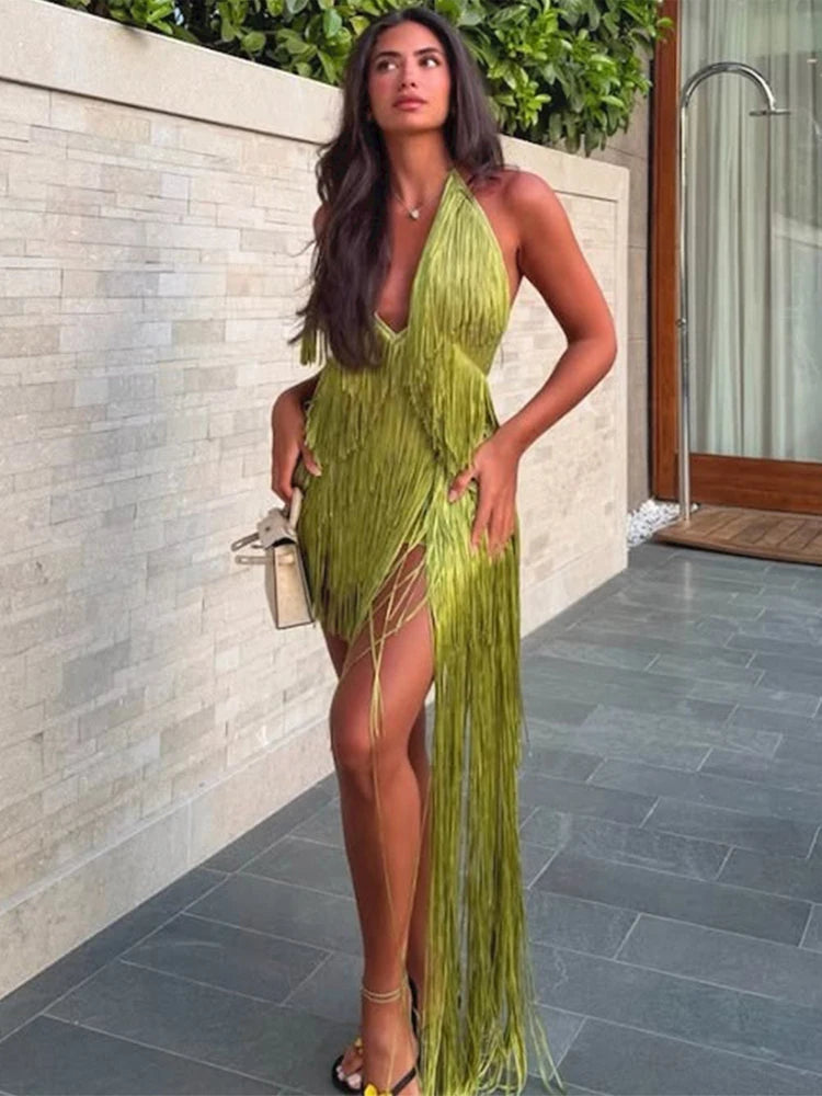 Solid Off Shoulder Fringe Short Dress Women Halter Sexy Backless Layered Tassel Floor-length Dresses Lady Party Evening Gown New
