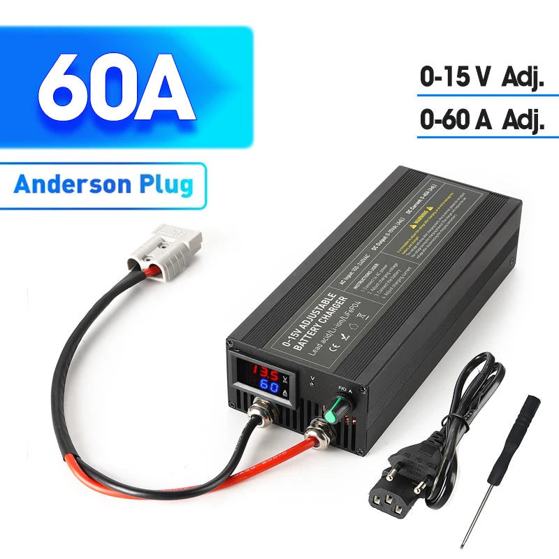 Lifepo4 Charger Power 12V 60A 100Ah Lithium Battery Charger Current /Voltage Adjustable Solar System Battery Power Accessories