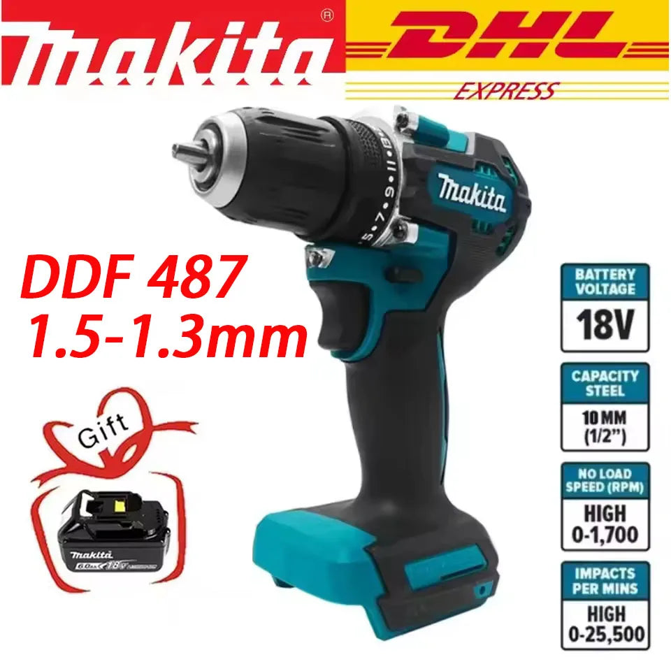 Makita Original DDF487 Cordless Driver Drill Brushless Electric Impact Screwdriver Rechargeable Power Tool 18V