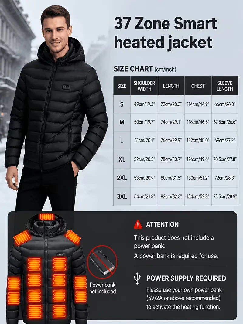 Men's Intelligent Heating Jacket 39 Heating Zones Four Temperature Control Settings Outdoor Cold Resistance Winter Hat Included (Battery Not Included)