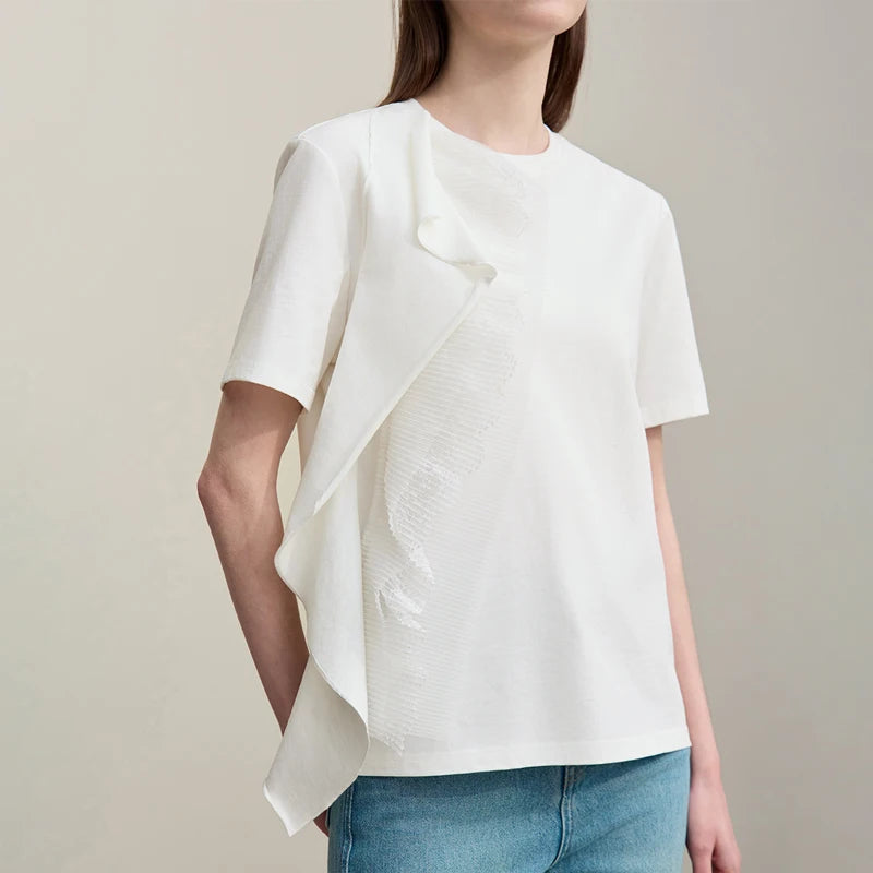 Amii Women's T-Shirt 2026 Summer New Round Neck Ruffle Hem Cotton Tee Lace Trim Short Sleeve Loose Fit Top For Women 12642012