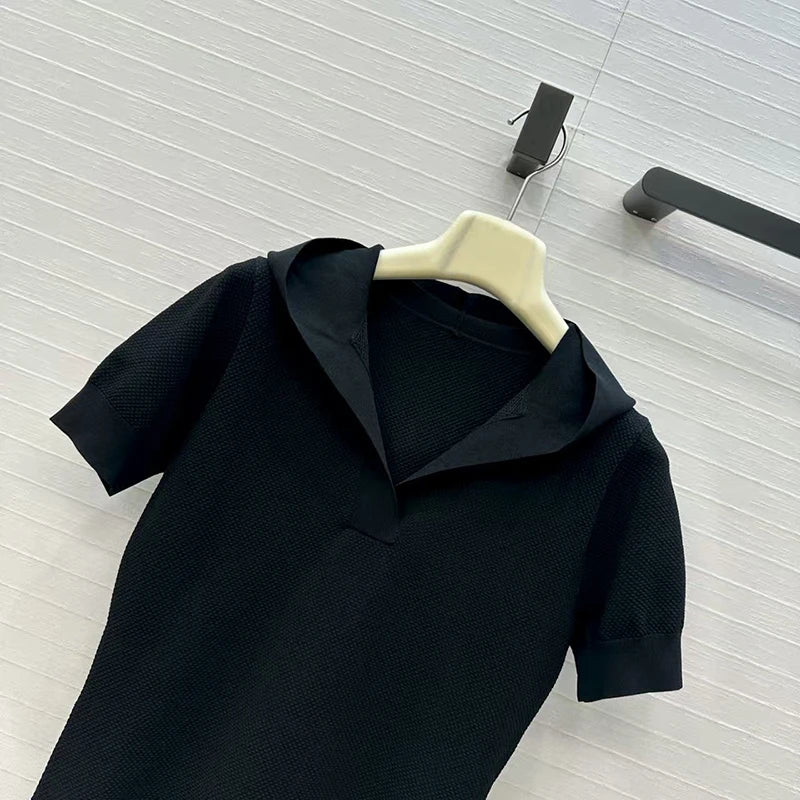 Women's t-shirt New elastic knitted short sleeved top for autumn 2025 Hooded slim fit V-neck pullover Women's corset y2k hoodie