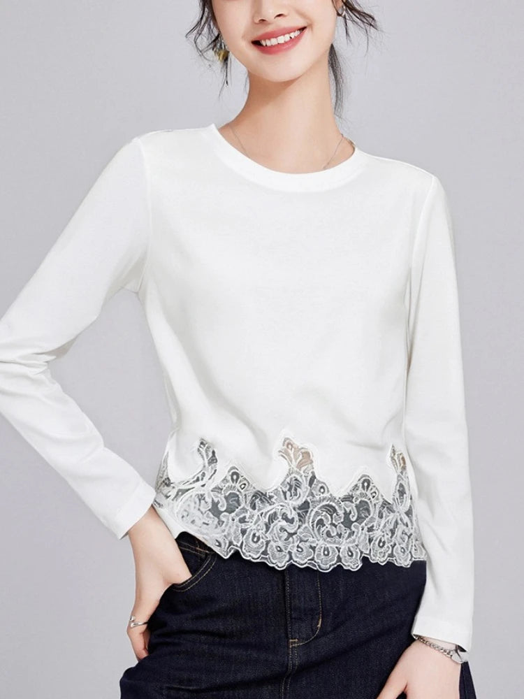 Cotton Lace Trim White Long Sleeve Tshirt Women 2025 New Fall Blouse Casual Basic Tee Flattering Fit Boho Chic Plus Size