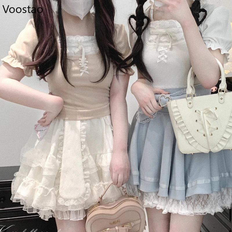 Japanese Kawaii Lolita Style T-shirt Women Sweet Cute Lace Ruffles Puff Short Sleeve Slim Tops Female Gothic Y2k Tee Retro Shirt