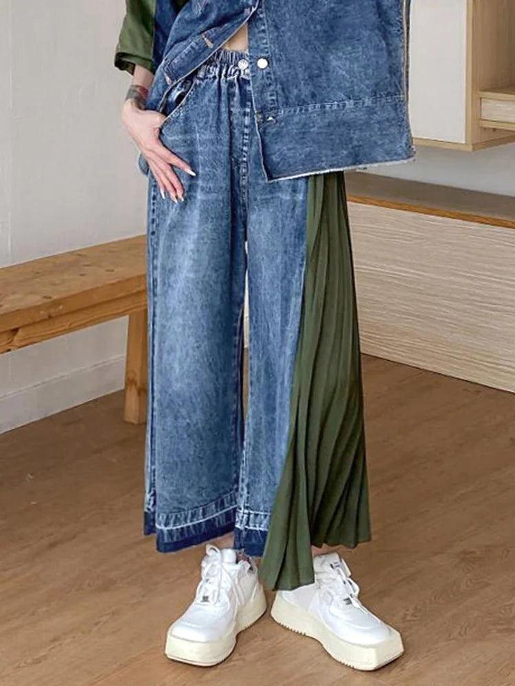 [EAM] High Waist Army Green Denim Pleated Long Wide Leg Jeans New Loose Women Trousers Fashion Tide Spring Autumn 2026 1DF7325