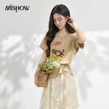 MISHOW Women Round Neck T-shirt 2026 Summer New Cute Cat Print with Waist Tie Detail Khaki Casual Short Sleeve Top MXF24T1600