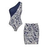 Summer Swimsuit and Skirt Flaxmaker Sexy One Shoulder Blue Color Block Paisley Print Swimsuit Sets Beachwear Biquini conjunto de