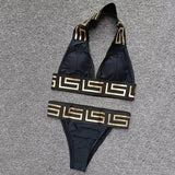 2025 New Women's Hot Stamping Printed Spliced Hanging Neck and Exposed Back Split Bikini Swimsuit
