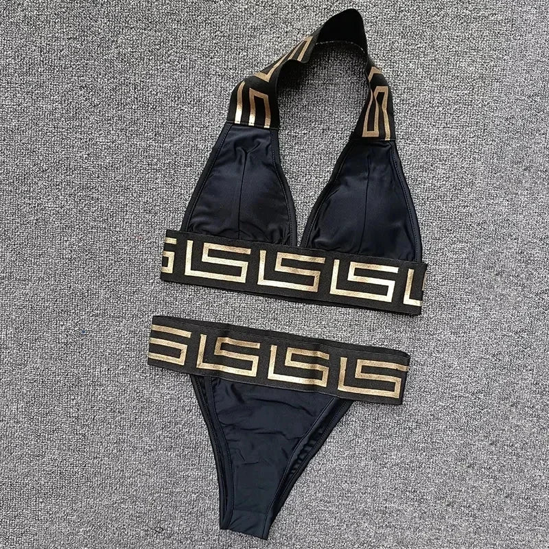 2025 New Women's Hot Stamping Printed Spliced Hanging Neck and Exposed Back Split Bikini Swimsuit