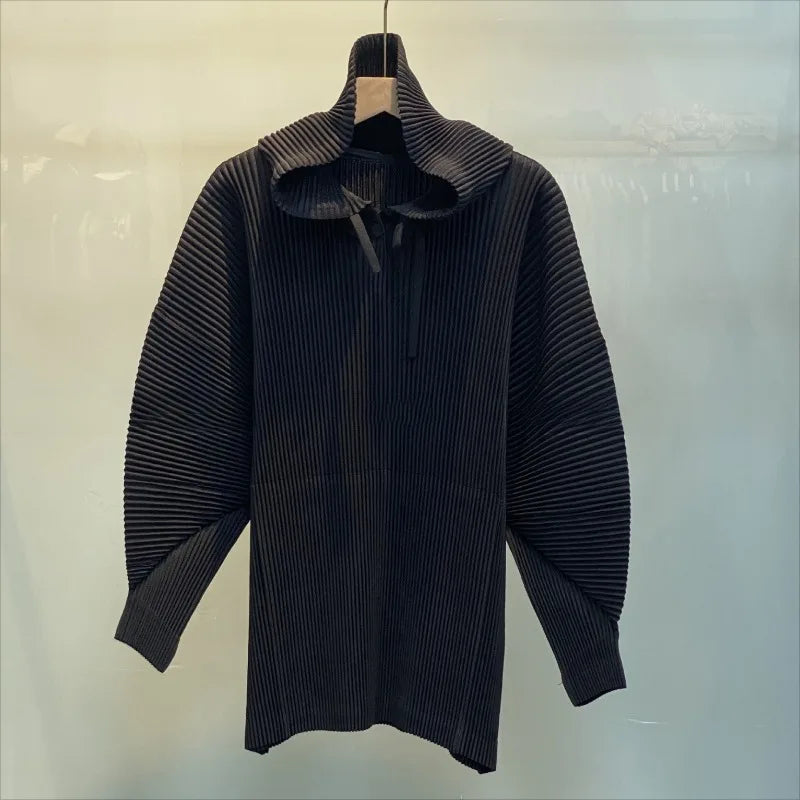 Miyake Casual Stand-up Collar Pullover Sweater Autumn and Winter New Solid Color Loose Pleated Long-sleeved Jacket Women