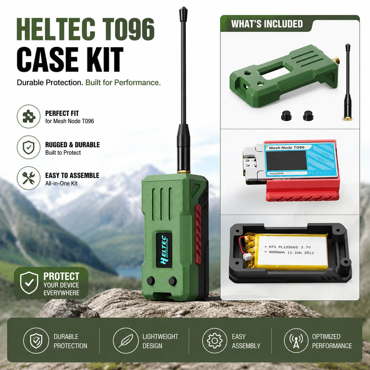 Heltec Mesh Node T096 Case Kit with 3000mAh Battery nRF52840 SX1262 LoRa Ultra-low Power BLE GNSS 28dBm Meshtastic MeshCore
