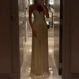 Sexy Wrap Chest Sleeveless Hollow Tassel Dress Fashion Backless Slim Fit Evening Gown Shiny Sequined High Waist Women Long Dress