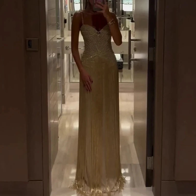 Sexy Wrap Chest Sleeveless Hollow Tassel Dress Fashion Backless Slim Fit Evening Gown Shiny Sequined High Waist Women Long Dress