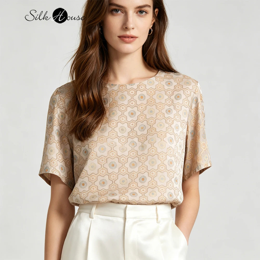 2026 Women's Fashion Summer Clothing Heavy 100% Natural Mulberry Silk Song Brocade Apricot Hexagonal Printed T-shirt