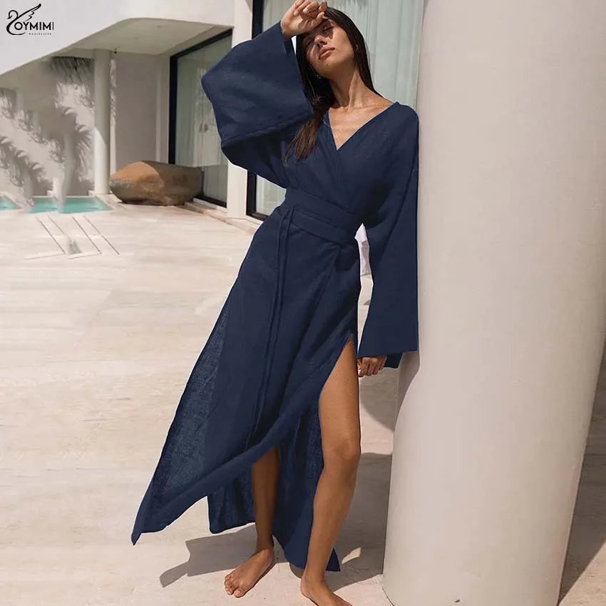 Oymimi Fashion Borwn Cotton Women's Dress Elegant V-Neck Long Sleeve Lace-Up Dresses Casual New Side Slit Ankle-Length Dresses