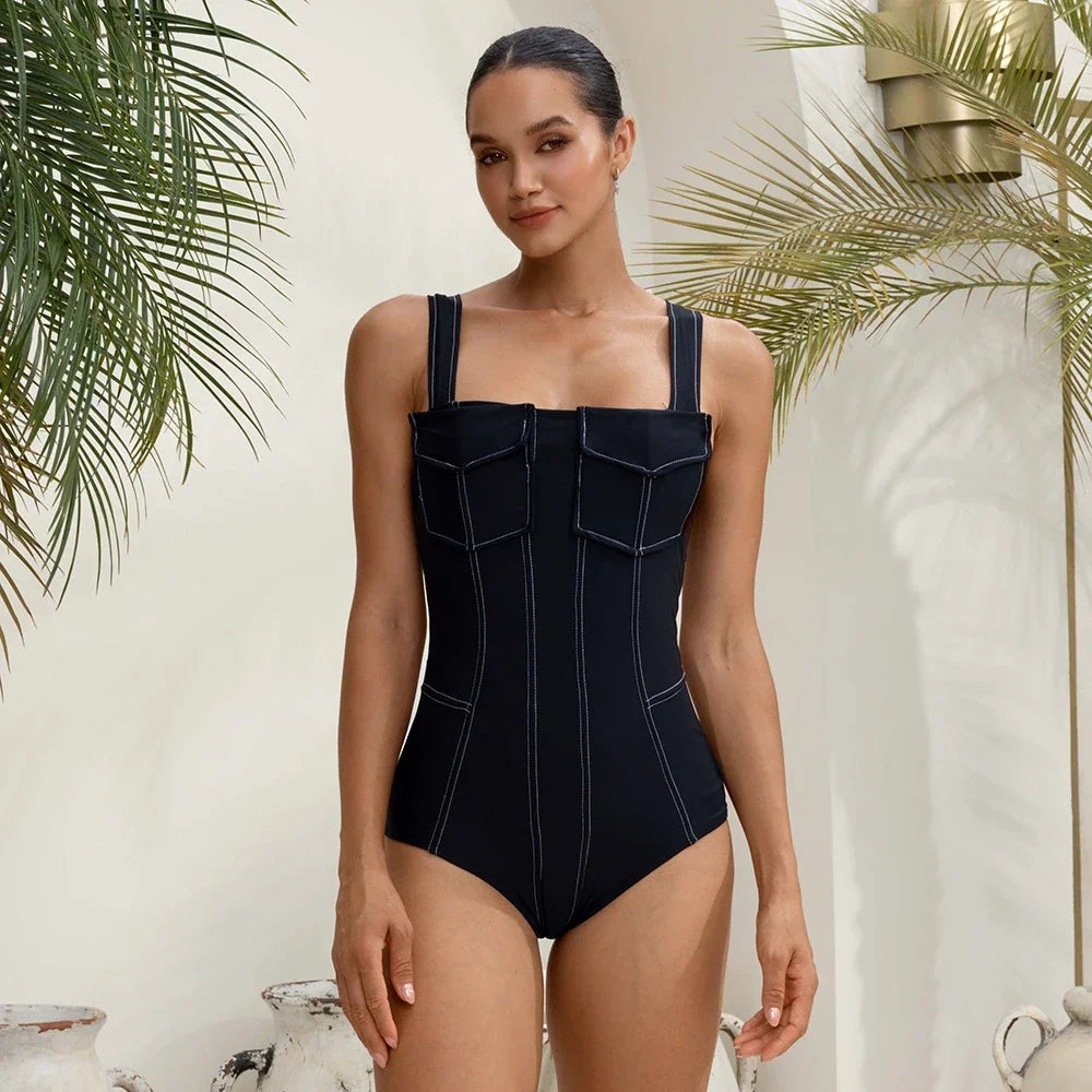 FLAXMAKER Pockets One Piece Swimsuit and Pants Women Swimwear Bodysuit Dress
