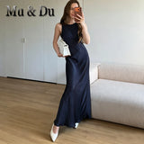 Elegant Backless Round Neck Long Dress Women's Fashion Minimalist Style Draped Polyester Fiber Sleeveless Skirt City Commute