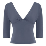 Wj Deep V-Neck Ruched Three-Quarter Sleeve Top, Short Waist-Revealing Slim-Fit Knit Base Shirt, Ruched Neckline Waist-Cinching Short Top, Versatile Solid Color Basic Top