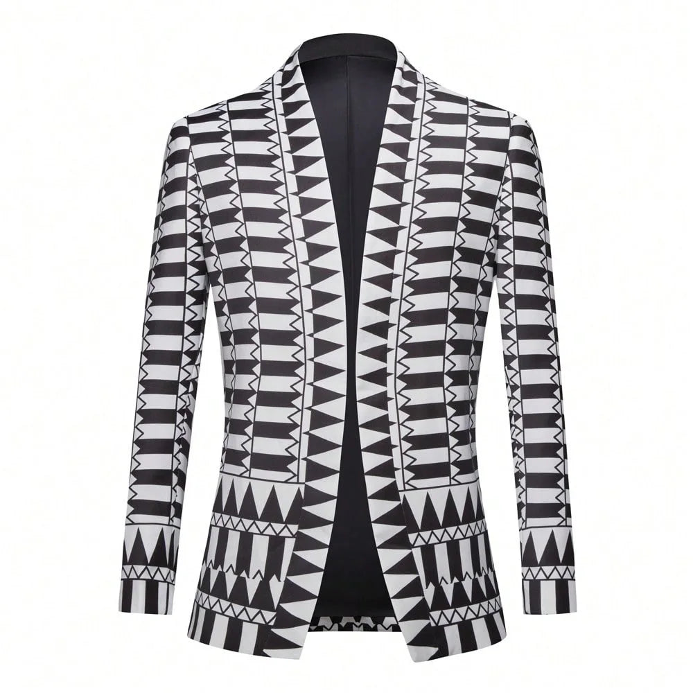 Men Black White Geometric Print Blazer Shawl Lapel Slim Fit Jacket Formal Wedding Groom Tuxedo For Party Prom