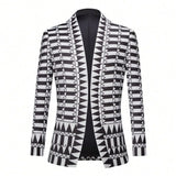 Men Black White Geometric Print Blazer Shawl Lapel Slim Fit Jacket Formal Wedding Groom Tuxedo For Party Prom