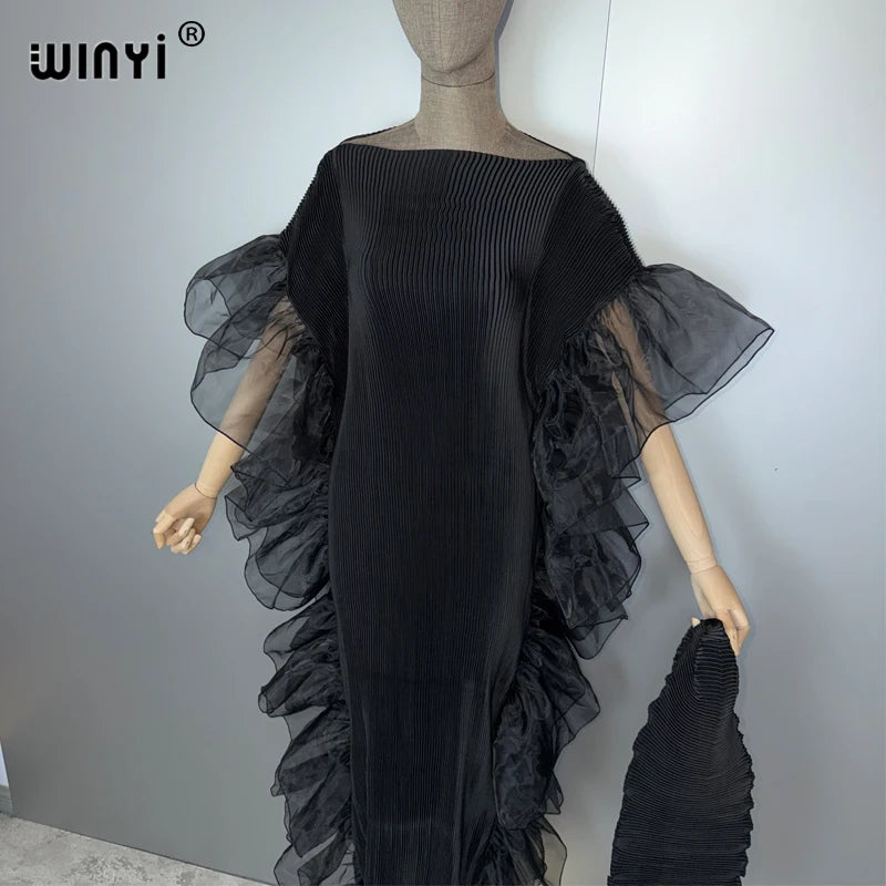 WINYI Solid Color Pleated Elastic Slim Dress Beach Wear Kaftan Abaya Dubai Luxury Party Dress Evening Dress Abaya Muslim Woman
