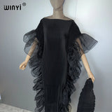 WINYI Solid Color Pleated Elastic Slim Dress Beach Wear Kaftan Abaya Dubai Luxury Party Dress Evening Dress Abaya Muslim Woman