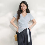 MISHOW Women's Solid V Neck T-Shirt Summer Irregular Hem Ribbon Design Waist Tee Slim Short Sleeve Elegant Casual Top MXF20T1753
