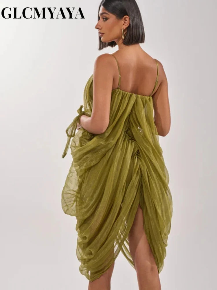 CM.YAYA Women Sheer Mesh Draped Plunging Neck Mini Slip-style Midi Dress 2026 Summer Holiday Birthday Vacation High-low Dresses