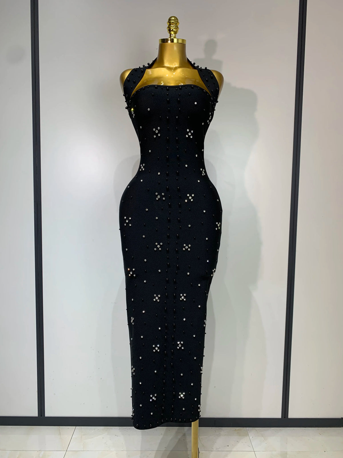 Women Sexy Halter Backless Shiny Rhinestone Pearl Bodycon Bandage Dress Celebirty Elegant Evening Party Luxury Birthday Dress