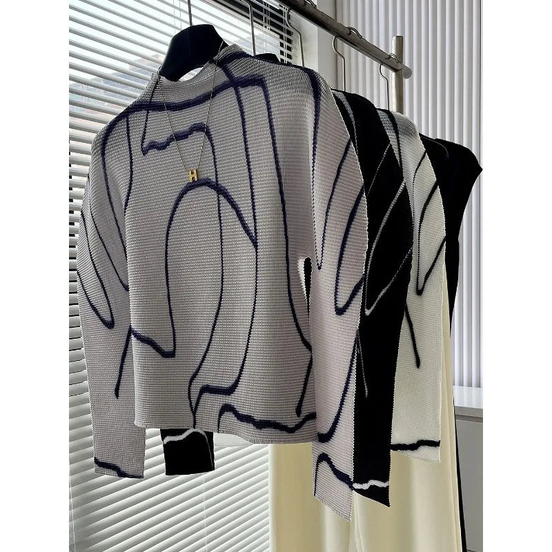Miyake Pleated T-Shirt 2026 Spring Niche Design Personality Versatile Long Sleeve Pleats Print Top High Neck Slim Fit T-Shirt