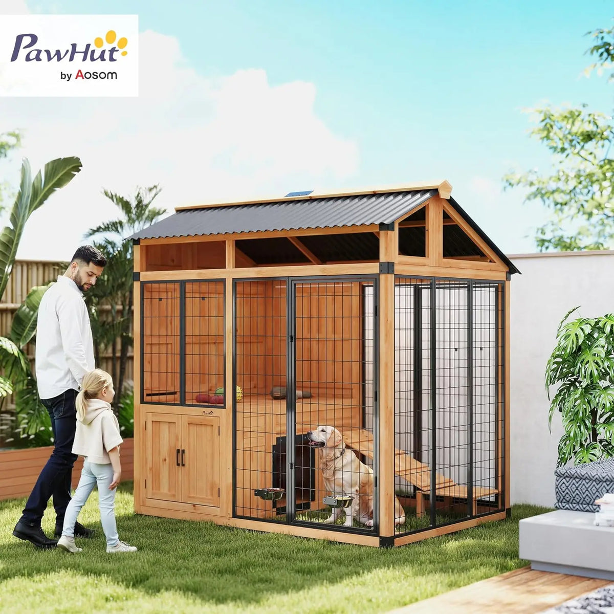 PawHut 7' x 5' Extra Large Outdoor Dog Kennel, Walk-in Wood Dog House with External Storage Cabinet, Platform, Stairs, Pet Shelt