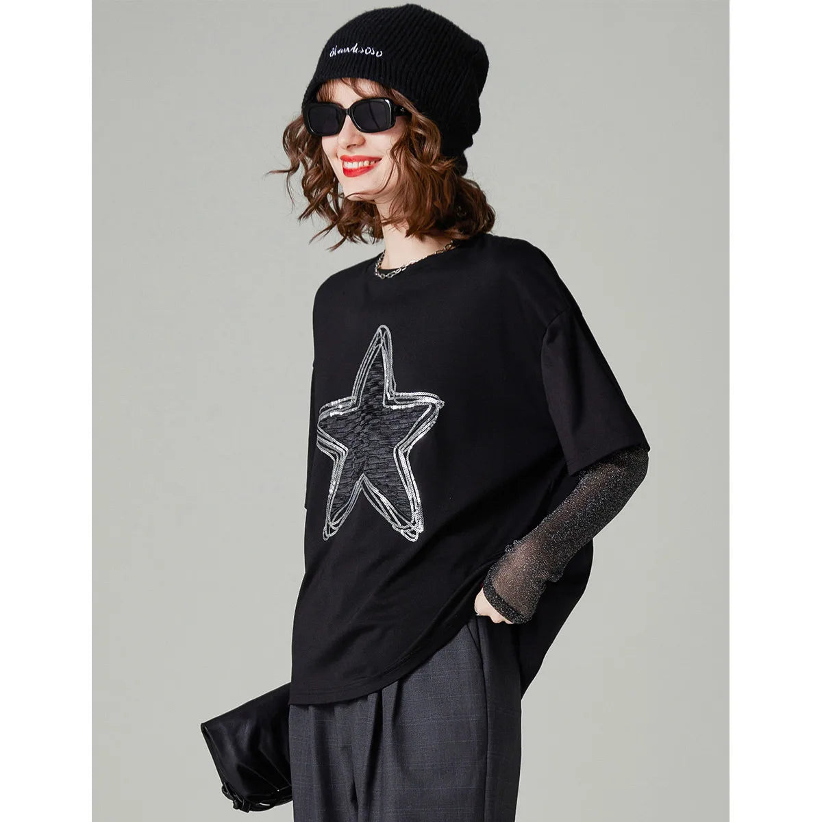 LOUIS YAO Embroidered Patchwork Long-Sleeve T-Shirt 2025 Autumn Top Casual Round Neck Sequined Fake Two-Piece Women's T-Shirt