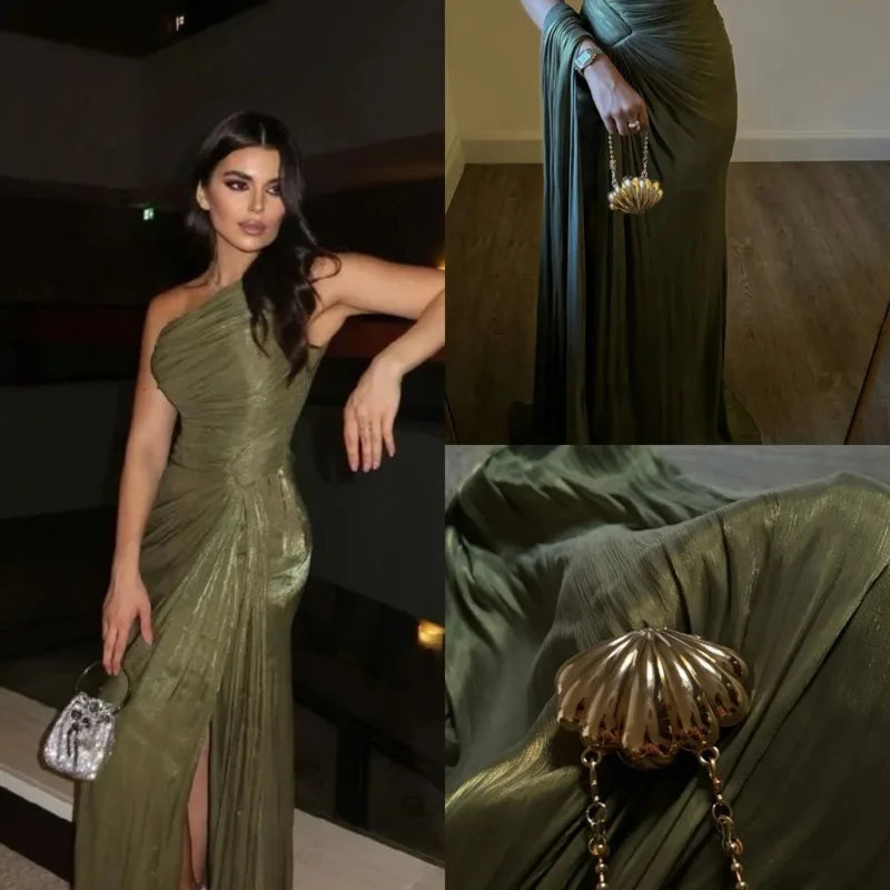 Elegant Off Shoulder Sleeveless Evening Gown Fashion High Waist Solid Color Dress Pleated Ribbon Sparkly Party Dress For Banquet