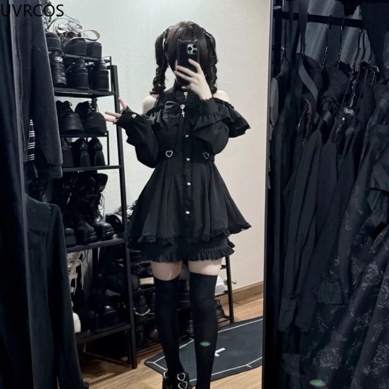 Japanese Gothic Y2k Lolita Style Bow Dress Shorts Set Women Lace Ruffles Off Shoulder Button Shirts Dress Sweet Slim Party Dress