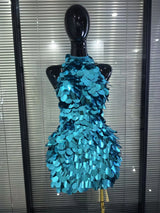 Shining Sequins Women Sexy Halter Off the Shoulder Backless Bodycon Mini Dress Nightclub Party Celebrate Bar Singer Stage Wear