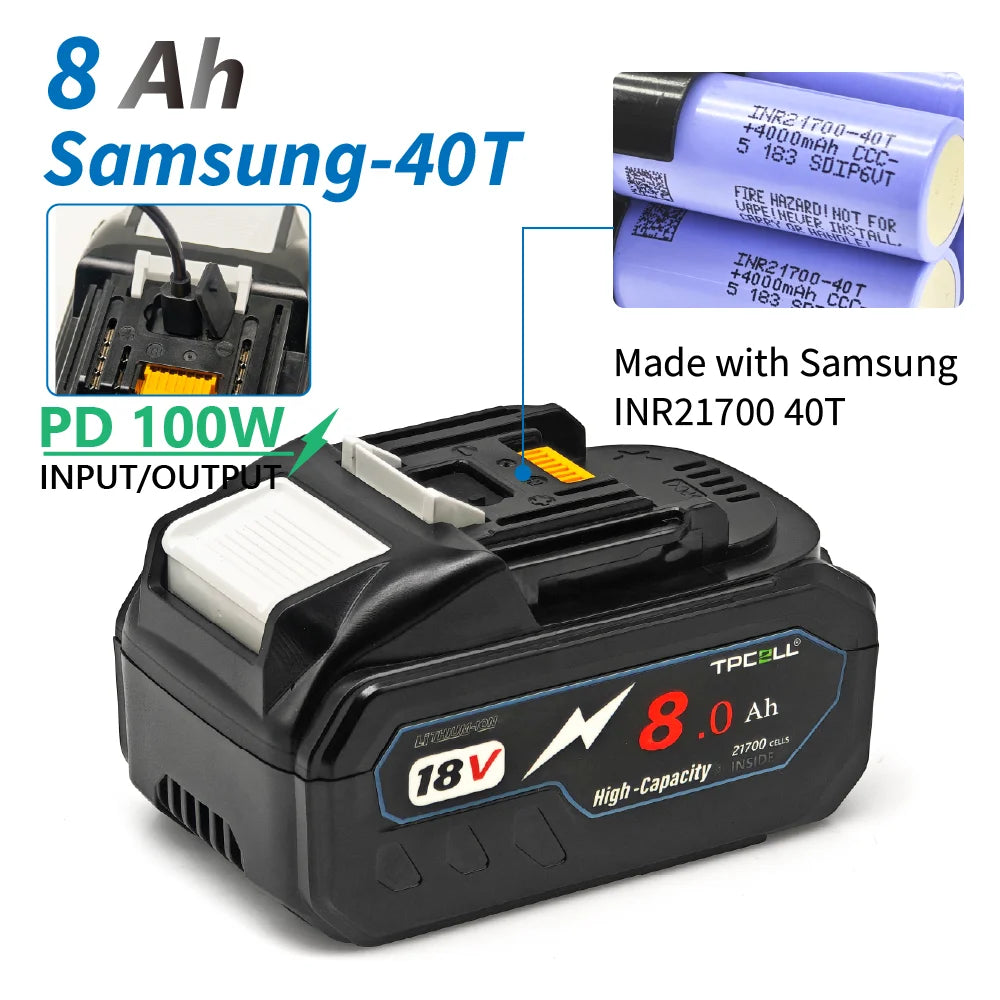TPCELL PD100W 8Ah/10Ah For MAKITA 18V with USB-C Connector 21700 Tabless Cells Replacement Battery Power Tools Li-ion
