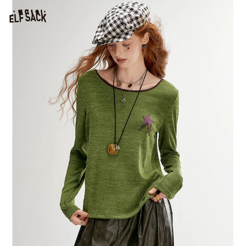 ELFSACK Women's Striped Ringer T-Shirt with Star Print, Casual Long Sleeve Graphic Top for Everyday Wear