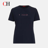 CH Women Navy Blue T-Shirt Letter Embroidery Striped Detail Short Sleeve Crew Neck Casual Cotton Tee Daily Wear Office Top