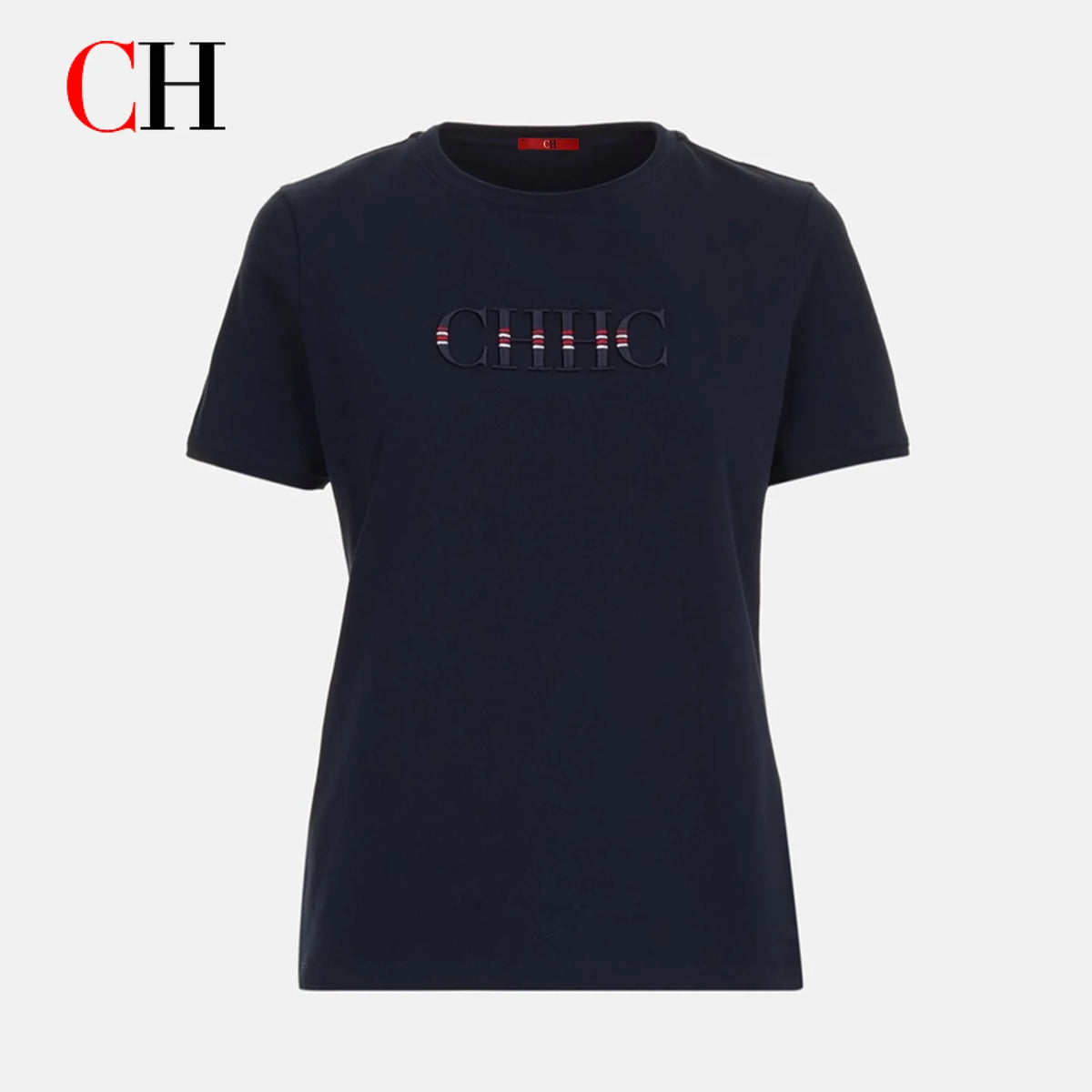 CH Women Navy Blue T-Shirt Letter Embroidery Striped Detail Short Sleeve Crew Neck Casual Cotton Tee Daily Wear Office Top
