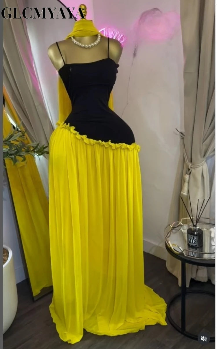 GLCMYAYA Women Sleeveless Strap Patchwork Ruffles A-line Long Dress with Scarf 2026 Street Beach Evening Birthday Party Dresses