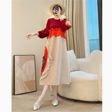 Miyake Tie Flower Design Women's Pleated Dress O-neck Long Sleeve Colorblock Patchwork Chic Beading Loose Famale Clothes