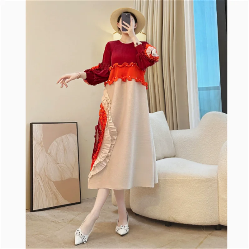 Miyake Tie Flower Design Women's Pleated Dress O-neck Long Sleeve Colorblock Patchwork Chic Beading Loose Famale Clothes