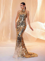 LOVE&LEMONADE Sexy Halter Neck Gold Sequin Backless Maxi Evening Dress for Women Wholesale Dropshipping LM86444