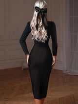 Women's Fantasy Long Sleeve V Neck Midi Bodycon Dress Summer Bandage Dress Black Elegant Wedding Evening Cocktail Party Dress Se